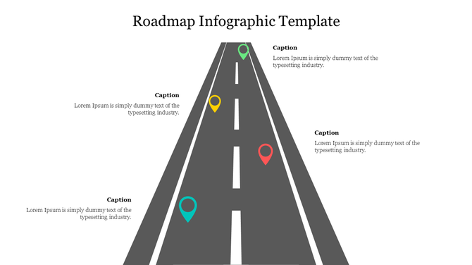 Roadmap themed infographic featuring colour coded location markers and placeholders text areas on both sides.