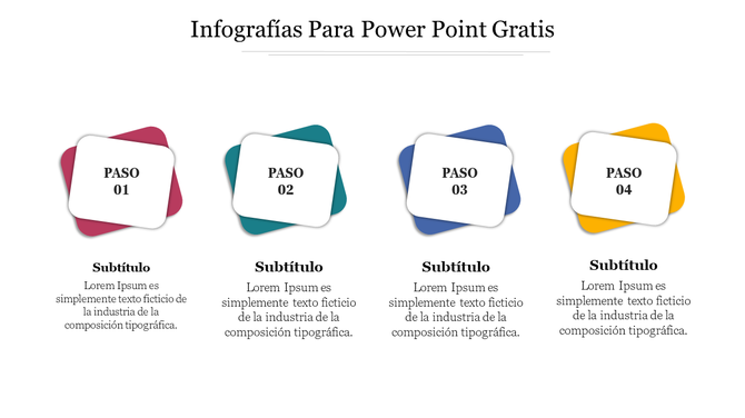InfografÃ­as Para Power Point Gratis with tilted white squares labeled Paso 01 to Paso 04, each over rounded backgrounds.