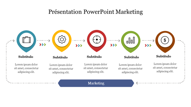 Marketing PPT slide with color coded icons for business topics connected by arrows with placeholder text on a white theme.