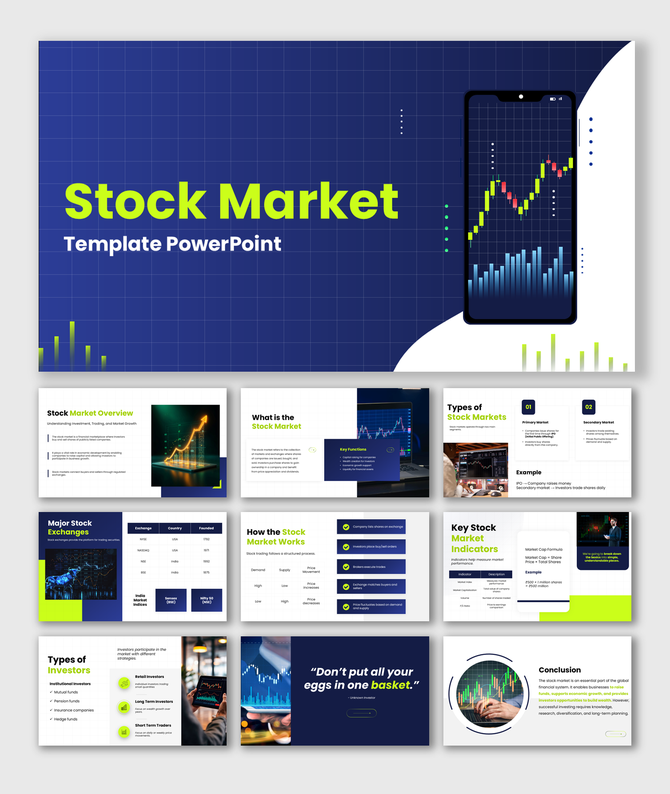 Stock market presentation template covering market overview, trading process, exchanges, investors, and key indicators.