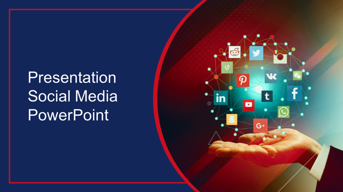 Slide with a navy blue section containing text and a vibrant social media network design over a hand on the right.