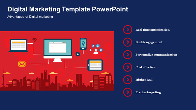 Digital marketing PPT template showcasing advantages with related icons and graphics on a red and blue theme.