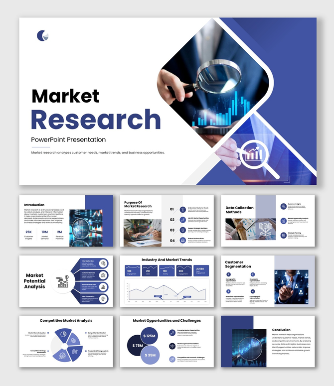 Market Research slides with blue theme, magnifying glass visuals, charts, graphs, icons, and structured analysis sections.