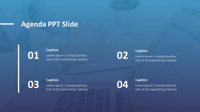 Agenda slide with four white numbered points and captions on a blue gradient background with a faint office image overlay.