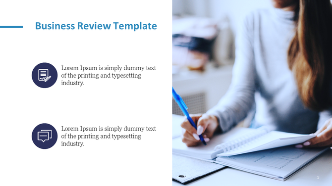 Business review template with two icons and an image of a woman writing in a notebook on the right.