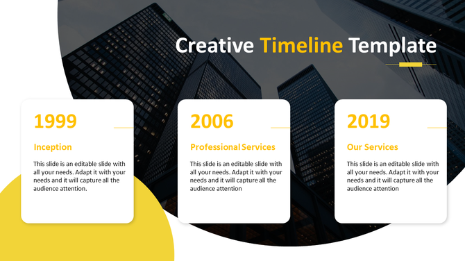 Creative timeline slide with three white rounded boxes labeled 1999, 2006, and 2019 over a background of skyscrapers.