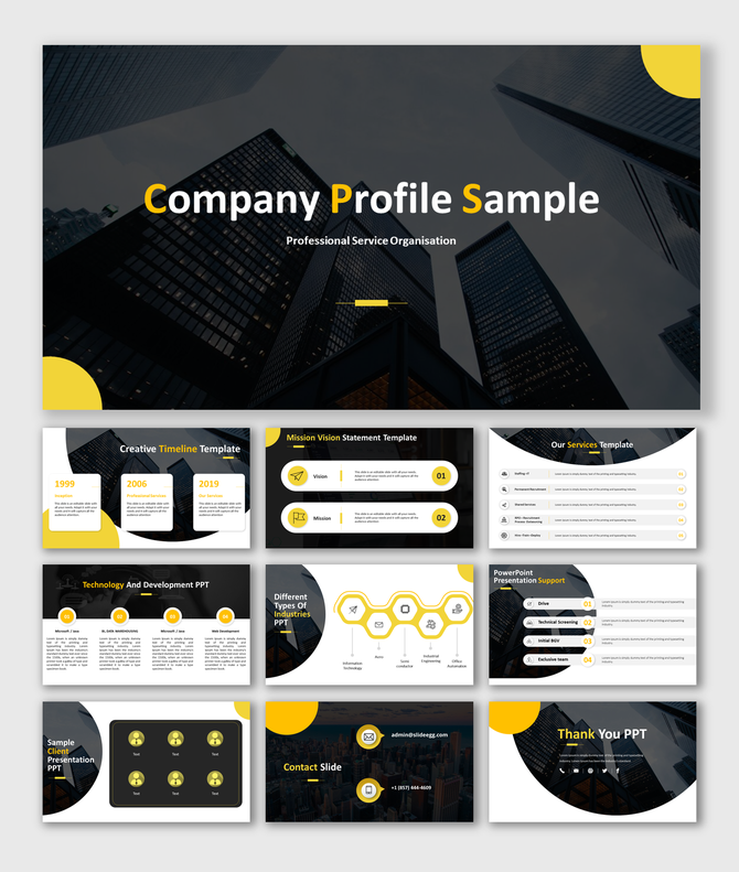 Company profile slide deck with skyline background, yellow highlights, and templates for mission and services. 