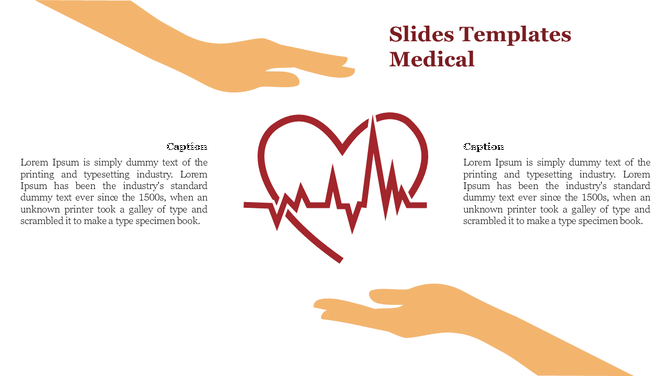 Medical-themed slide with hands surrounding a heart-shaped heartbeat graphic in the middle,with text blocks on each side.
