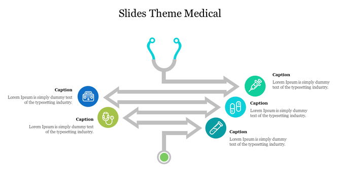 Medical themed slide featuring a stethoscope at the top, with arrows pointing outward to five icons and caption areas.