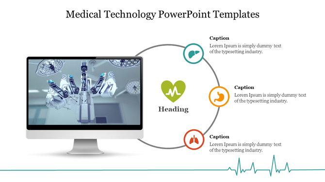Medical technology slide featuring a robot assisted surgery system displayed on a computer screen with medical icons.