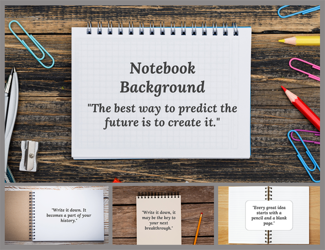 A pack of slides featuring a spiral notebook on a wooden table with motivational quotes and stationery items.
