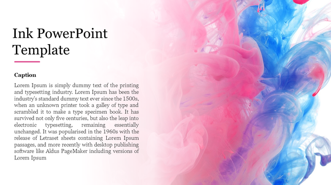 Ink PowerPoint template with pink and blue ink swirls blending as a creative background.