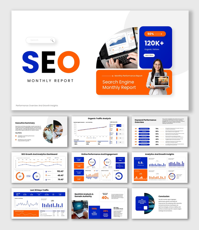 SEO Monthly Report with blue orange theme, charts, dashboards, shapes and editable text holders.