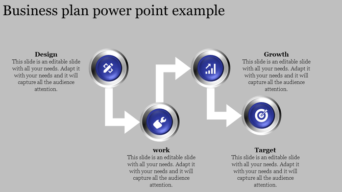 Business plan flowchart with four blue circular icons labeled design, work, growth, and target, connected by white arrows.