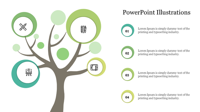 Tree illustration with circular icons representing tools and objects, accompanied by four numbered captions areas.
