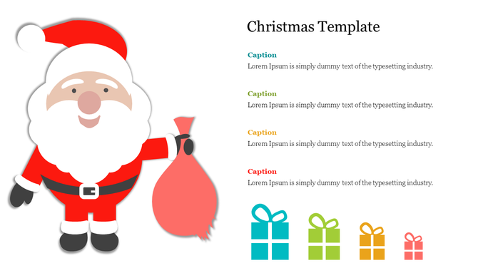 Festive PowerPoint slide design with Santa and a variety of gift boxes in different colors with captions on a white backdrop.
