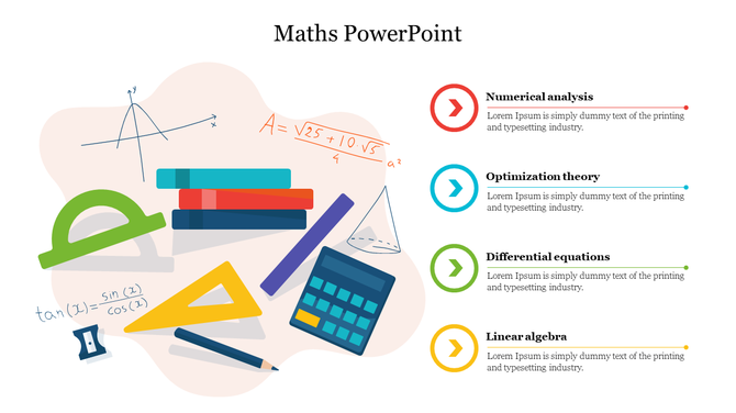 Math themed slide featuring mathematical tools like a protractor, ruler, and calculator, with sections on various topics.