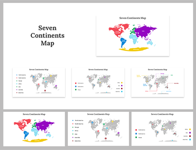 Slide deck featuring maps of the seven continents highlighted in a different bright color for distinction.