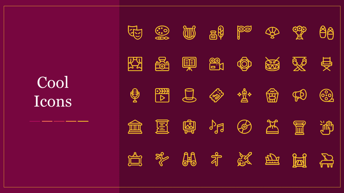 Set of cool icons for PowerPoint slide featuring various creative and artistic symbols on a maroon backdrop.