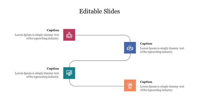 Cheap PowerPoint slide design with four colorful icons with captions on a white backdrop.