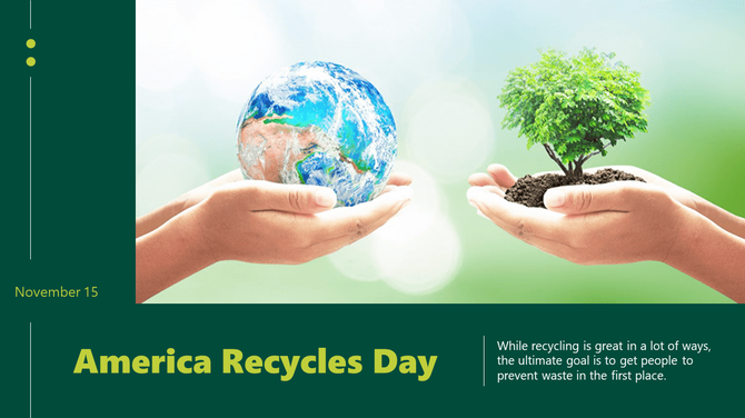 America Recycles day PPT template featuring hands holding Earth and a tree, with a recycling message on a green backdrop.