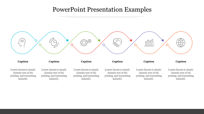 PowerPoint presentation template with six color coded icons connected in a loop with captions on a white backdrop.