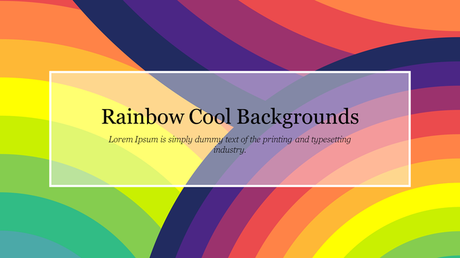 Abstract rainbow design with curved stripes in vibrant colors and a white bordered text box in the center.