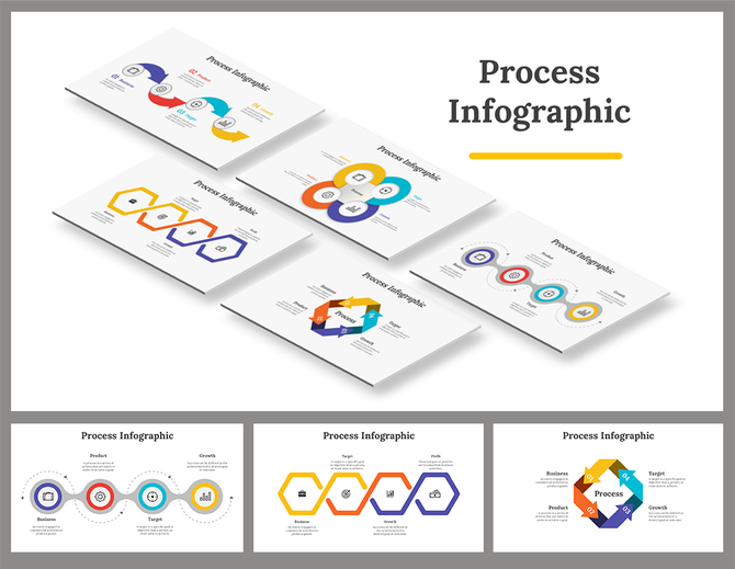 Slide deck showcasing various process infographics in vibrant layouts, including flow charts and hexagonal designs.