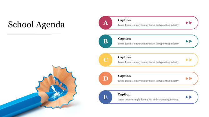 School agenda design with pencil shaving graphic and five colored sections labeled A to E with placeholder text.