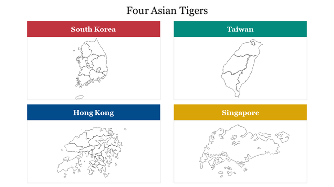 Outline maps of south korea, taiwan, hong kong, and singapore representing the four asian tigers in an infographic.