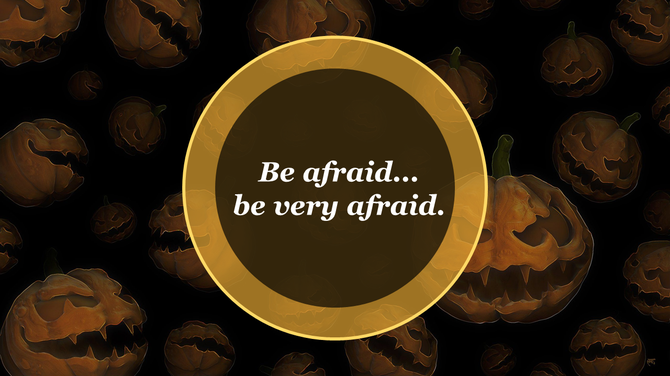 Halloween pumpkins illuminated against a black background with a yellow bordered circular text area.