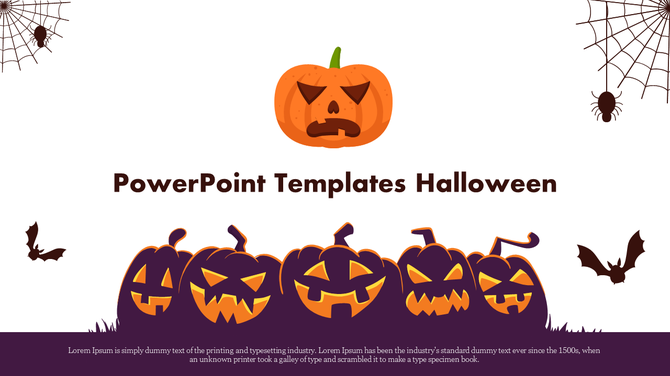 Halloween PowerPoint template featuring carved pumpkins, spiders, bats, and placeholder text on a purple theme.