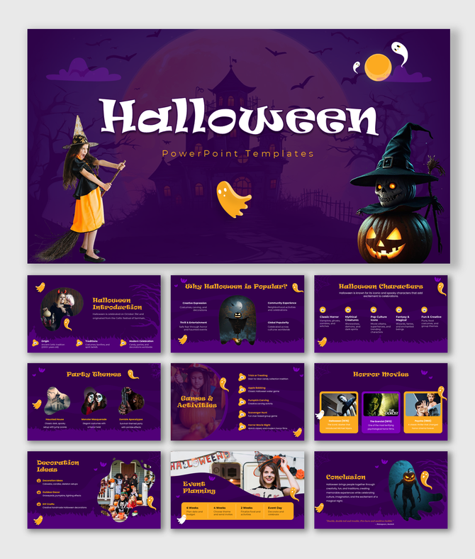 Halloween PPT with purple theme, witch girl, skull pumpkin, ghost, bats, shapes, and clean layouts for spooky insights.