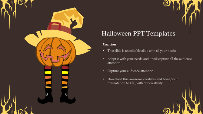 Fun Halloween template with a costumed pumpkin figure and slide text outlining features and creative use tips.