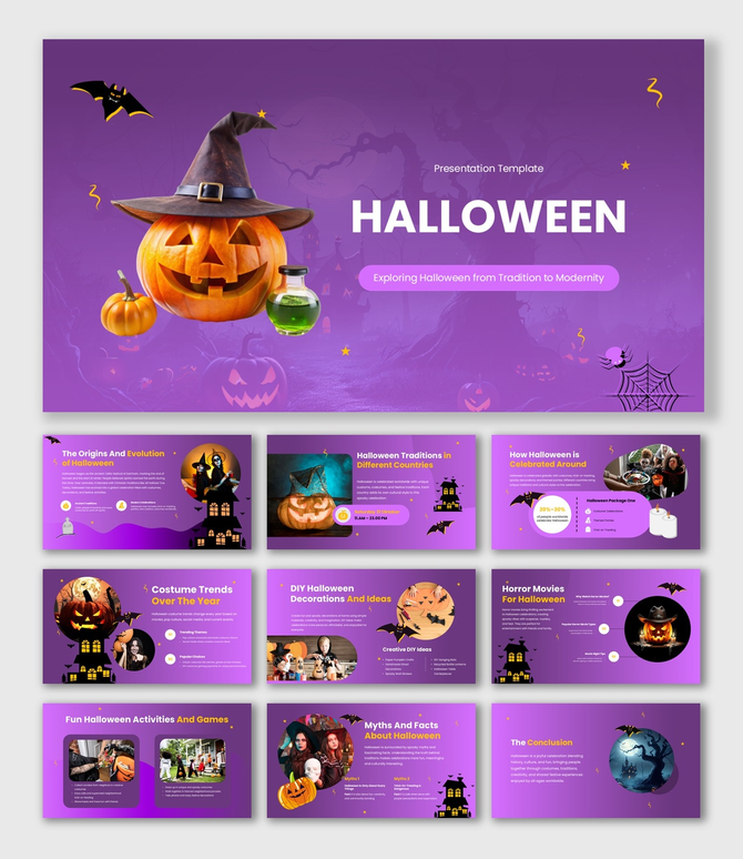 Halloween PowerPoint Theme purple slides pumpkin hat bats icons shapes text holders spooky layout.