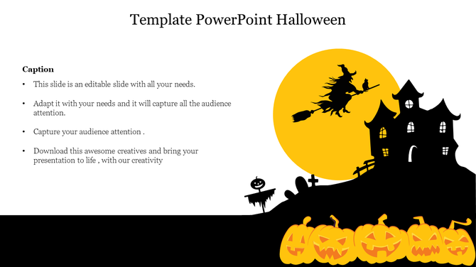 Halloween PowerPoint template with a spooky haunted house, flying witch, pumpkins, and a glowing yellow moon.