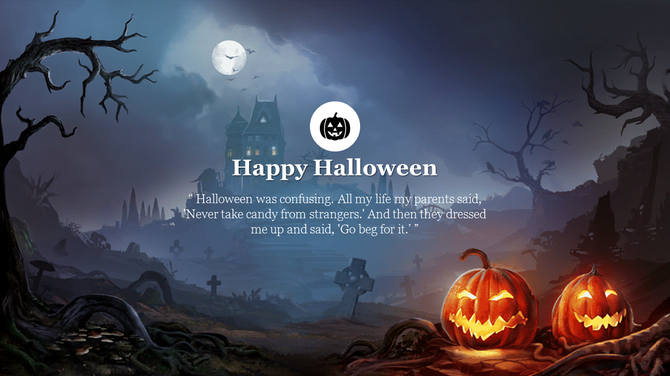 Spooky Halloween scene featuring a haunted house, pumpkins, and a moonlit sky with a humorous quote.