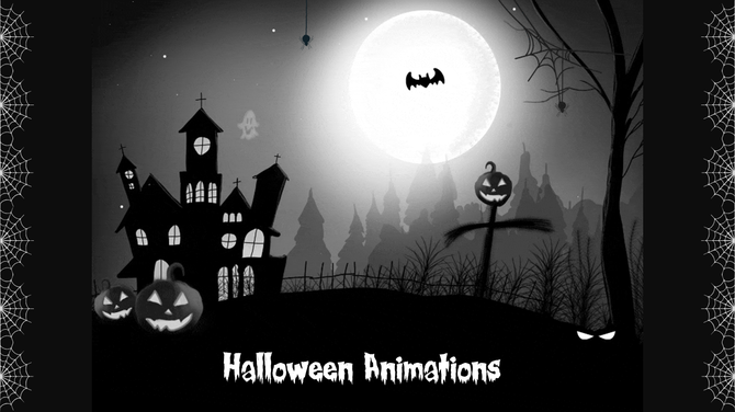 Halloween themed slide featuring a spooky house, pumpkins, bats, and a full moon with spider web borders in black and white.