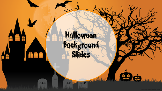 Halloween background slide with haunted castle, graveyard, bare tree, and glowing jack-o’-lanterns under a full moon.