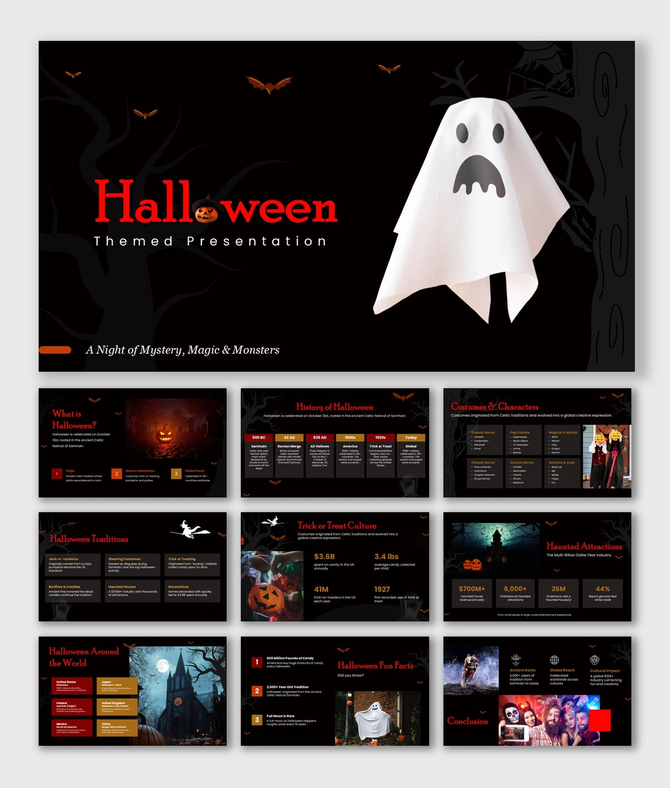 Halloween slides with black theme, ghost figure, bats, spooky trees, orange accents, icons, shapes, and clean layouts.