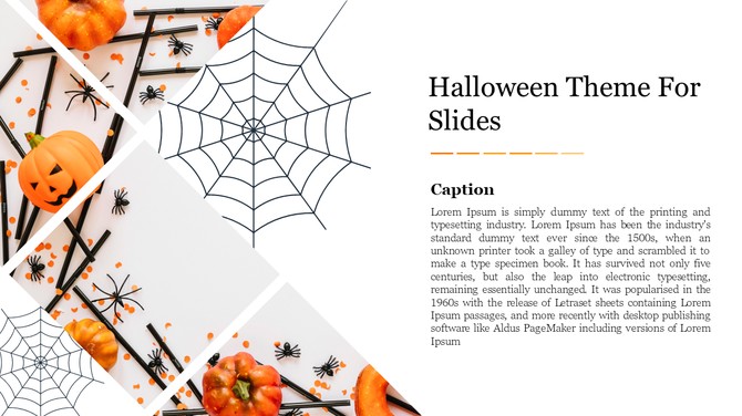 Halloween themed PPT slide design featuring a pumpkin and spiders, with web borders and space for text captions.