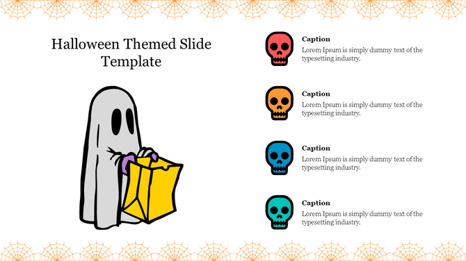 Halloween slide with a trick or treating ghost illustration and red, orange, blue, and green skull icons aligned vertically.
