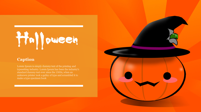 Halloween themed slide with a pumpkin wearing a witch hat, set against an orange background with text box on the left.