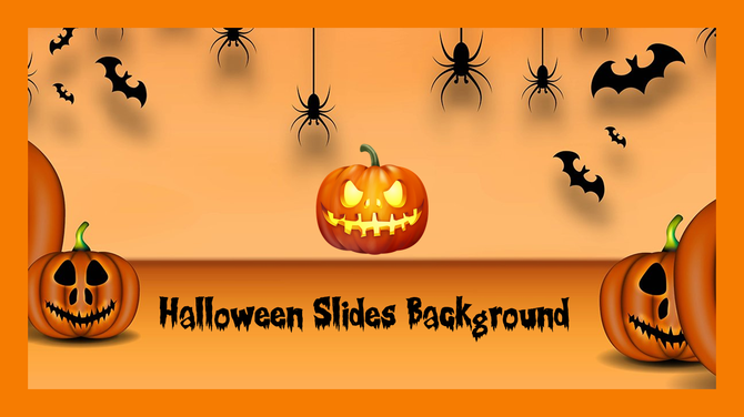 Halloween themed background PPT slide with glowing pumpkins, black bats, and spiders, framed with an orange border.