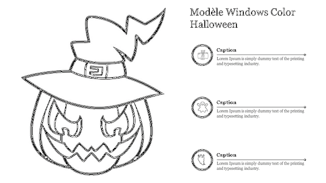 Black and white Halloween pumpkin with a witch hat on the left, and three circular icons with captions on the right.