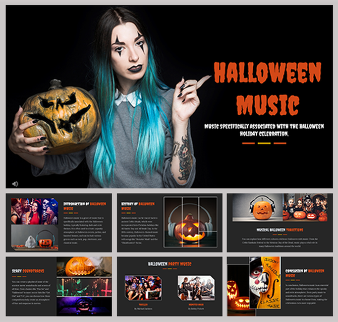 Slide deck featuring images with carved pumpkins, in orange and black colors highlighting halloween music topics.