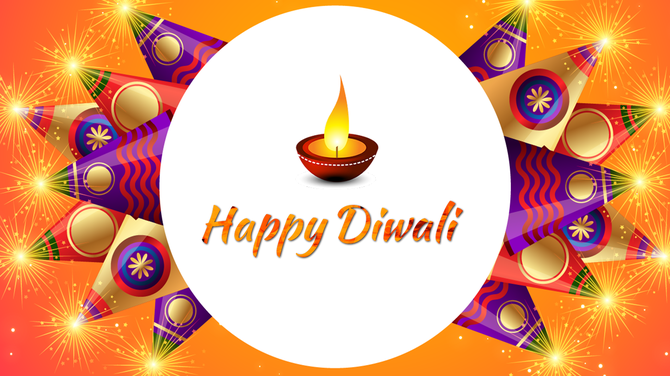 Festive Diwali image featuring a clay lamp, with firecrackers and fireworks radiating from a circular white frame.