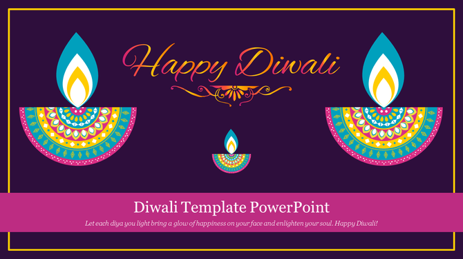 Diwali slide with decorative lamps featuring intricate patterns, colorful message, and a pink quote, on a purple background.