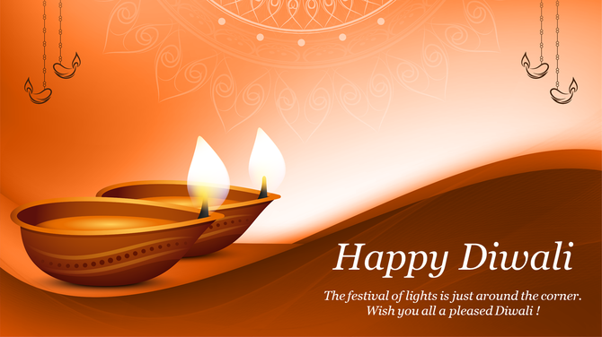 Bright Diwali scene featuring two oil lamps, a subtle mandala design, and celebratory text on a curved brown and orange wave.