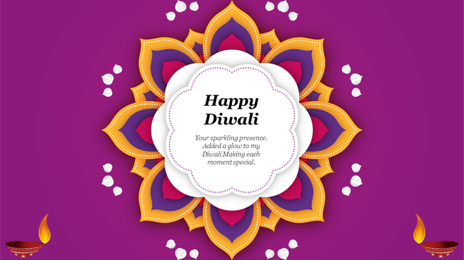 Diwali greeting card with a vibrant mandala design on a purple background, surrounded by small white petals and diyas.